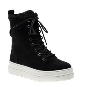 J/Slides Torrie Waterproof Suede Lace Up Boots Black Faux Shearling Size 7
